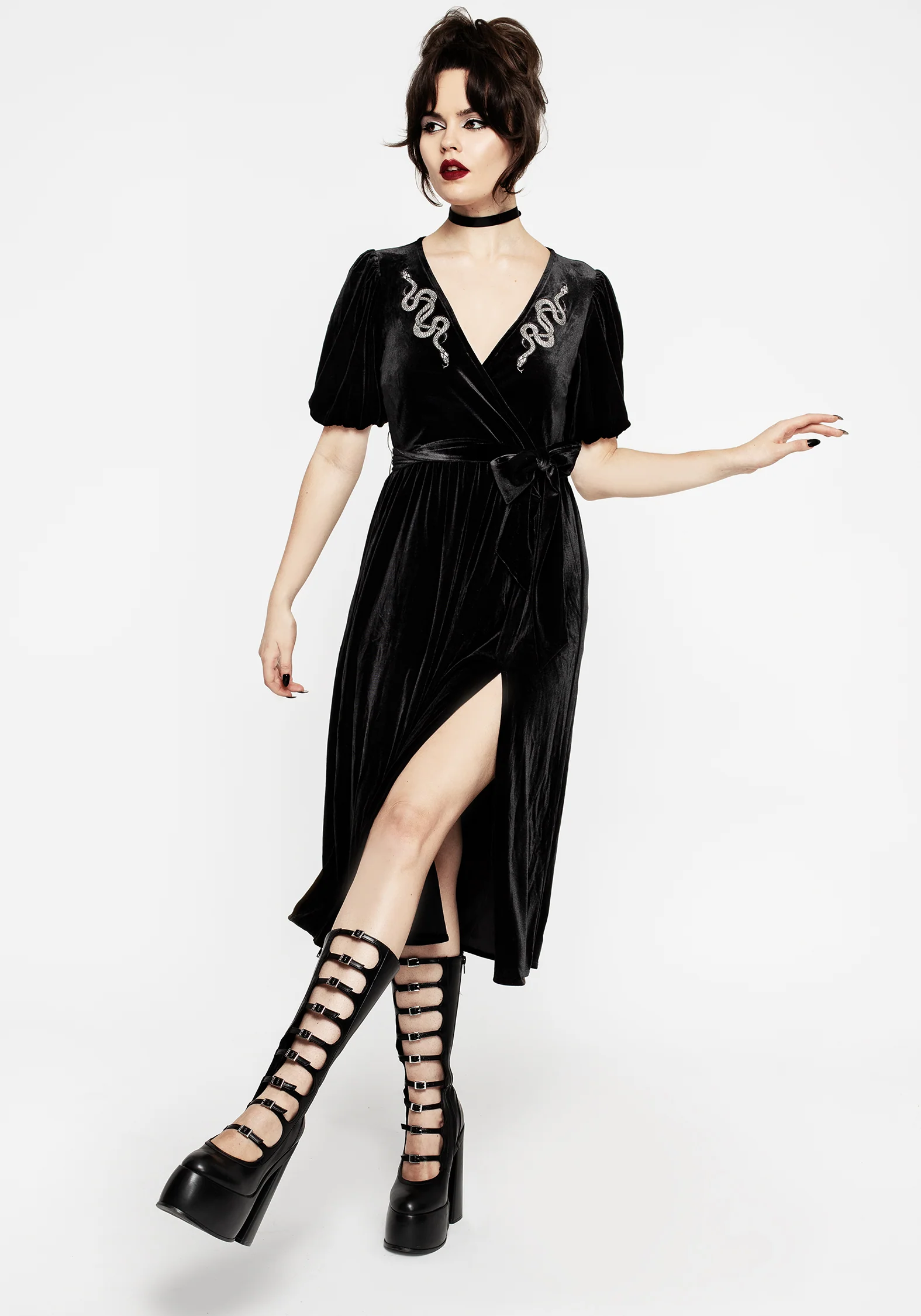 Zarina Embroidered Midi Wrap Dress - Black - Image 6