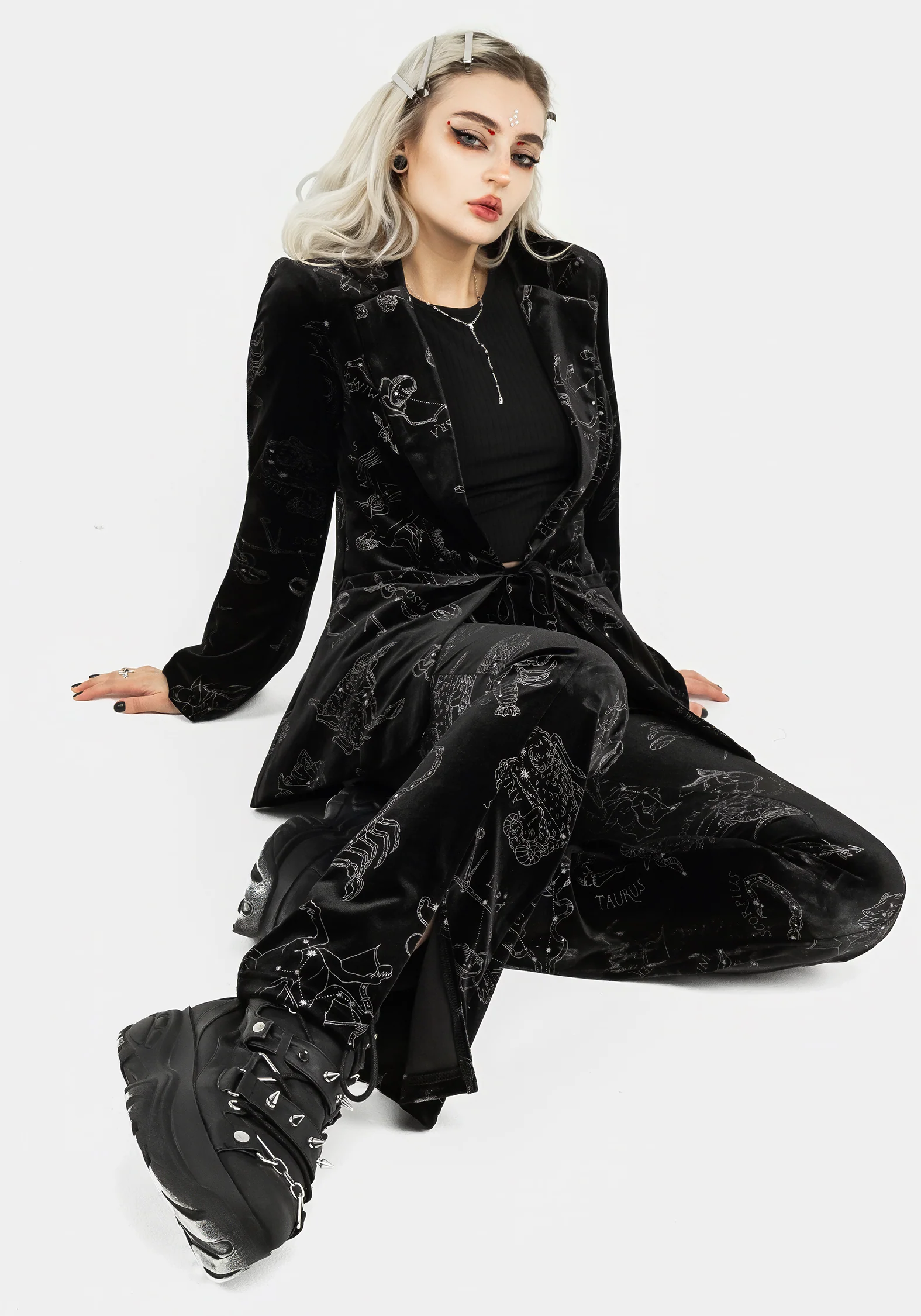 Zodiac Foil Print Split Slim Flare Trousers - Image 7
